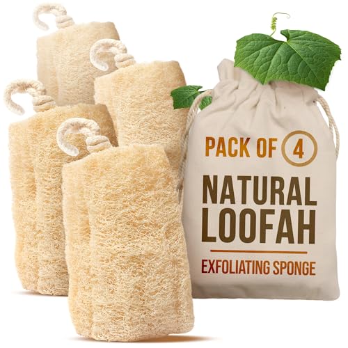 Natural Egyptian Loofah Sponge Pack of 4 - Deep Exfoliating Bath & Shower Scrubbers for Face, Back & Body, 6x6 Inches, Eco-Friendly