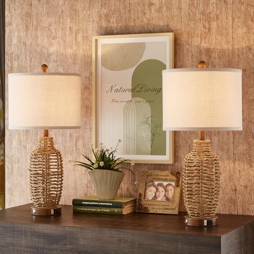 Natural Rattan Table Lamps Set of 2 with USB Ports - Dimmable Touch Control, Farmhouse Rustic Wicker Lamps for Bedroom Living Room Office