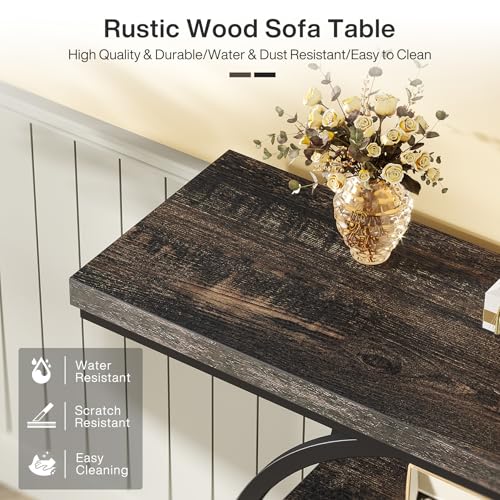 Charcoal Black Industrial Console Table with Circle Base, 4-Tier Narrow Sofa Entryway