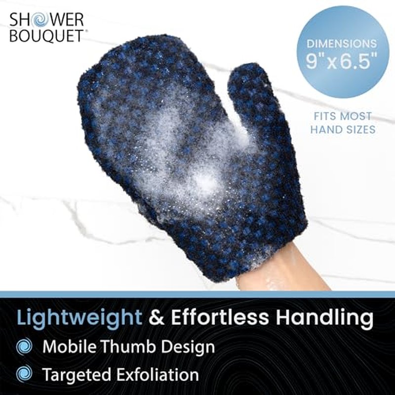 Japanese Exfoliating Mitt 2-Pack - Charcoal & Silver Ion Exfoliating Gloves for Shower - Soft Inner Fabric Gentle Exfoliation & Deep Cleansing Body Scrub Gloves for All Skin Types - 1 Blue, 1 Green
