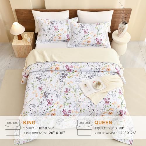 Sanracie Floral B Queen Size Cotton Quilt Set 90x98 - Summer Lightweight Bedding