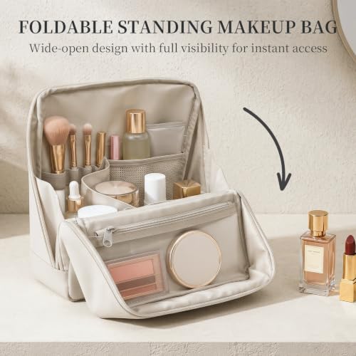 Large Travel Makeup Bag with Waterproof PU Leather - Cream White, Size L
