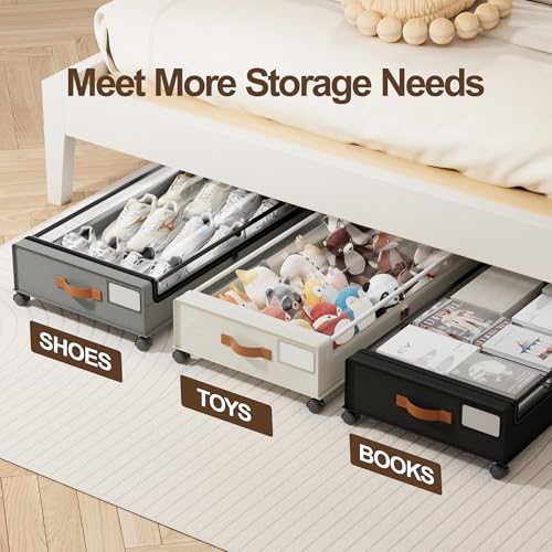 Under Bed Storage Containers with Wheels - 4 Pack, 60L, Black, Heavy-Duty
