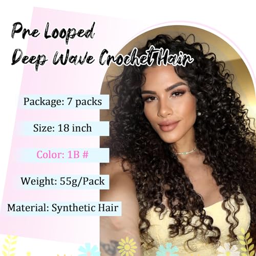 GOWIT 18 Inch Deep Wave Crochet Hair 7 Packs Black Pre-Looped Synthetic Braids