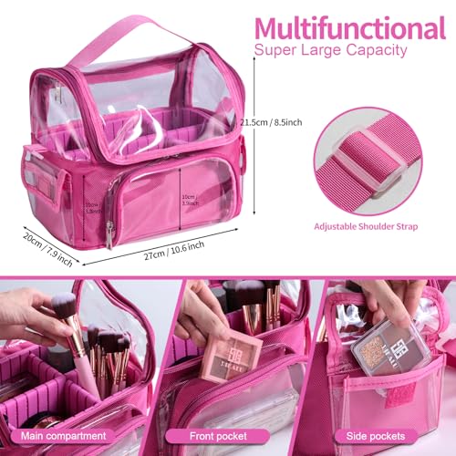 BS-MALL Makeup Bag, Transparent PVC Clear Travel Makeup Brush Holder, Tool Organizer Case with Shoulder Strap (Hotpink)