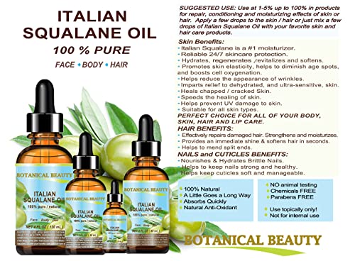 Botanical Beauty Italian 100% Pure Squalane Oil 4oz - Natural Face & Body Moisturizer