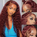 Reddish Brown Lace Front Human Hair Wig 13x6 Deep Wave 18 Inch 180 Density - Pre Plucked