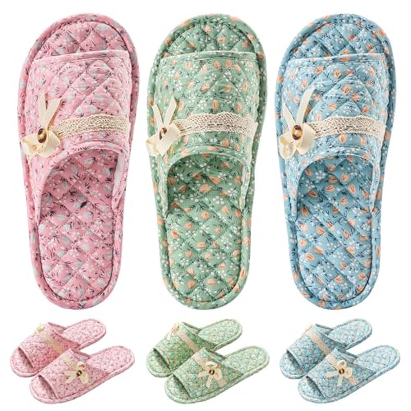 3 Pairs Floral Cotton House Slippers for Women, Open Toe Indoor Slippers Comfortable Washable Portable Foldable Guest Travel Hotel Airplane Spa Slippers