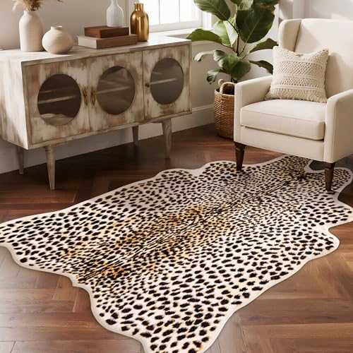 FelisLuxe Leopard Rug 5'2 x 6'6 Irregular Animal Print Carpet - Faux Fur, Non-Slip Backing