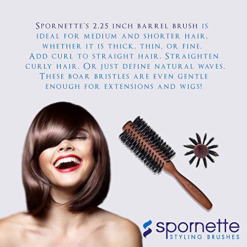 Large Round Boar Bristle Hair Brush for Styling and Volume - Wooden Handle, 2.25 Inch