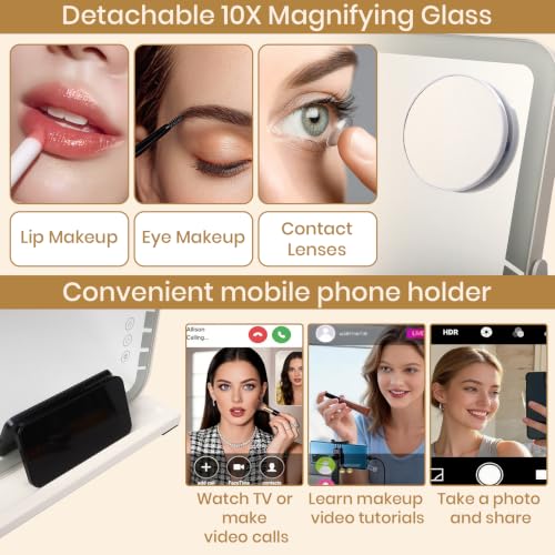 Square Lighted Makeup Mirror with Brightness & Color Adjustment - White Desk Vanity with 10x Magnifier