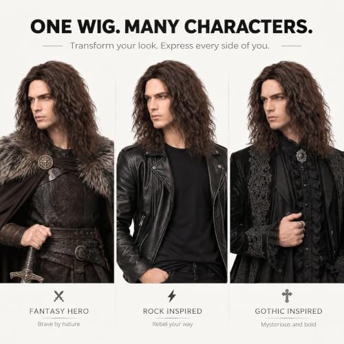 Mens Brown Wavy Wig - Medium Length Natural Look Middle Part Cosplay Costume