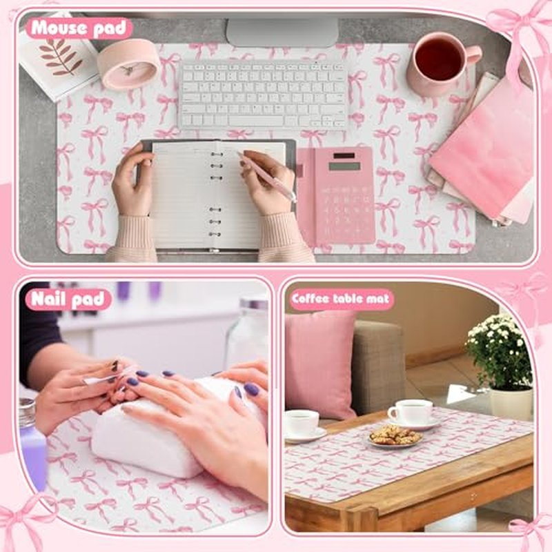 Coquette Bow Makeup Mat for Vanity Top Protector, Valentine Dual Sided Leather Vanity Waterproof Desk Pad Dressing Mat Nonstick Gifts for Women Home Office Decor(Pink,15.7" X 31.5")