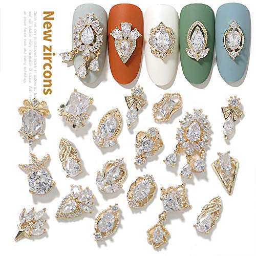 HNUIX 17Pcs Gold Copper Zircon Nail Charms & Gems Set Z191X