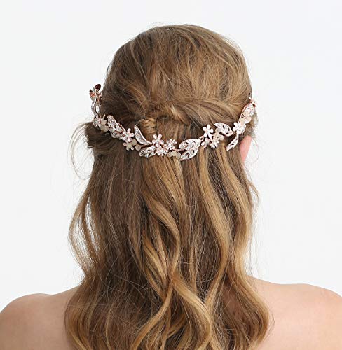 Rose Gold Wedding Headband with Flower Leaves Design Bridal Hair Vine