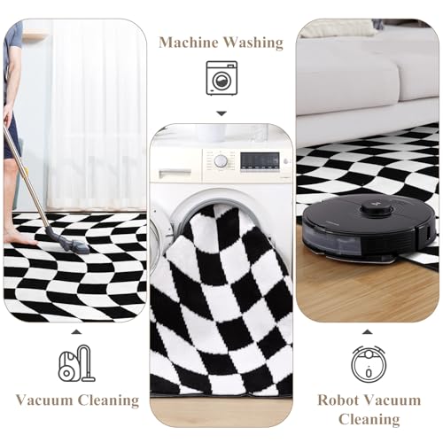 Black 6x9 Checkered Non-Slip Washable Area Rug for Living Room