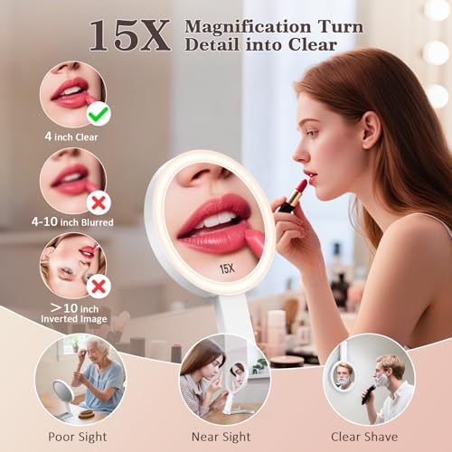 HUNCAB White 15X/1X Double Sided Travel Makeup Mirror with Lights