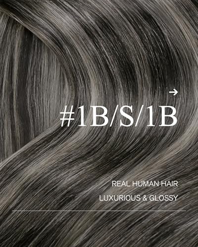 Balayage Sew-In Hair Extensions - Real Human Hair Black Silver Blonde 14 Inch 70g - Variation of Silver/Black Mix #1B/Silver/Black