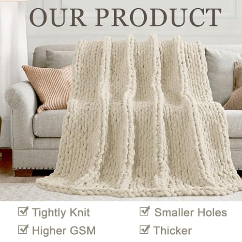 Beige Chunky Knit Throw Blanket 60x80 Inches - Handmade Chenille Bed & Couch Accessory