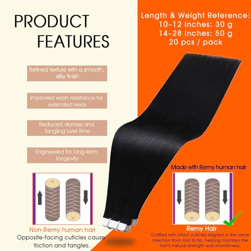 Full Shine Tape-In Human Hair Extensions - Jet Black, 24 Inch, 50G, 20 Pieces - Variation 1