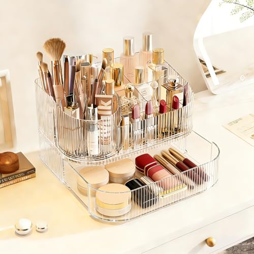 Glowspire Clear 2-Layer 360° Rotating Makeup Organizer with Stackable Drawers