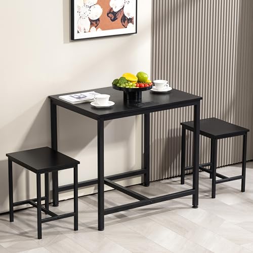Finnhomy Black 3-Piece Dining Table Set with LED Lights & USB Power Outlets