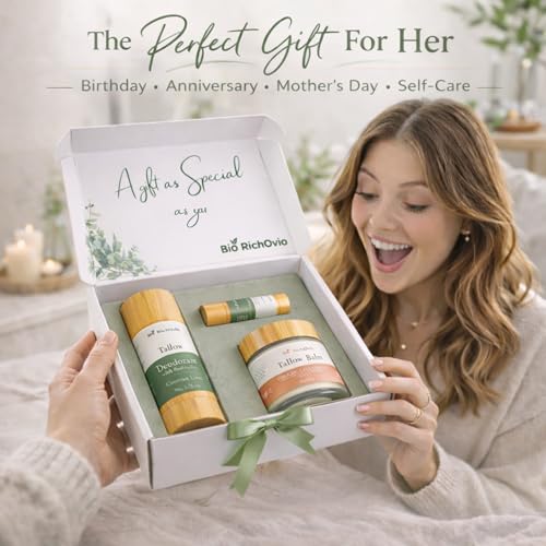 Skincare Gift Set for Women -3 Piece Natural Self Care Kit with Grass Fed Tallow & Probiotic Deodorant, Hydrating Body & Lip Balm ? Clean Beauty Gift For Birthday or Anniversary.