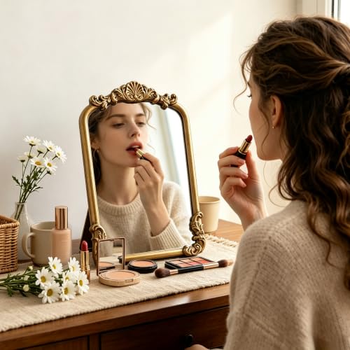 Vintage Small Vanity Mirror with Stand - Gold 12L x 8.5W Antique Table Desk Mirror