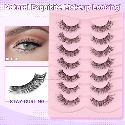 Wispy Lashes Natural Cat Eye Lashes 14mm False Eyelashes Thin Memory Band Volume False Lashes Soft Strip Lashes Pack C Curl Natural Eyelashes Fake Eyelashes 7 Pair EVENTILL