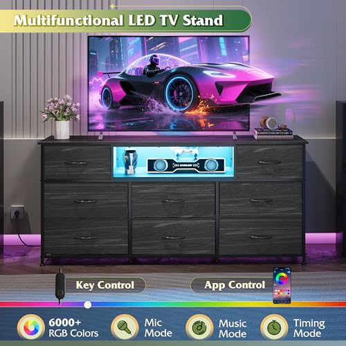 Charcoal Black Wood Grain TV Stand with 8 Drawers and LED Lighting for 65 Inch TV