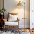 Oneach Woodgrain Floor Lamp with Table, Rattan Shade & Foot Switch - Farmhouse Style