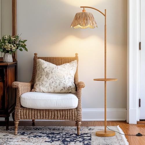 Oneach Woodgrain Floor Lamp with Table, Rattan Shade & Foot Switch - Farmhouse Style
