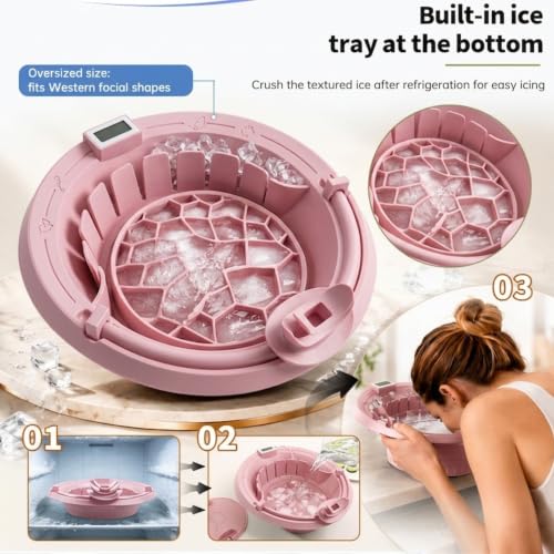 Pink Foldable Silicone Face Ice Bath Bowl with Ice Tray & Breathable Hose - Cool Skincare Tool - Variation of X Pink