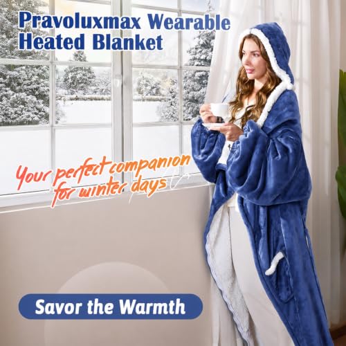 Pravoluxmax Blue Wearable Heated Blanket with Sleeves - Electric Snuggle Throw
