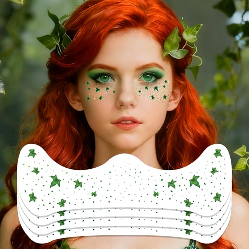 Ivy Leaf Freckles Face Tattoo - Green Glitter Face Gems & Vine Temporary Tattoos | Waterproof Halloween Makeup Kit for Halloween Ivy Costume, Festival Cosplay, Rave Party Favors (8 Sheets)