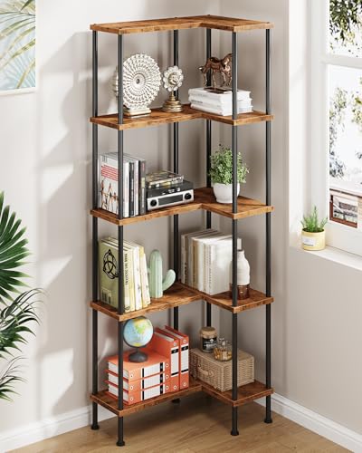 Rustic Brown 5-Tier L-Shaped Corner Bookshelf - Modern Storage Shelf