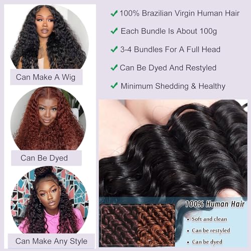 Deep Wave Human Hair Bundles 32 Inch - Wet & Wavy Brazilian Virgin Hair - Single Bundle