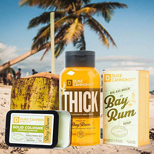Duke Cannon Supply Co. Bay Rum Bender Bundle for Men - Thick High-Viscosity Body Wash, Big Brick of Soap Bar & Solid Cologne (Citrus Musk, Cedarwood, Island Spice Scent)