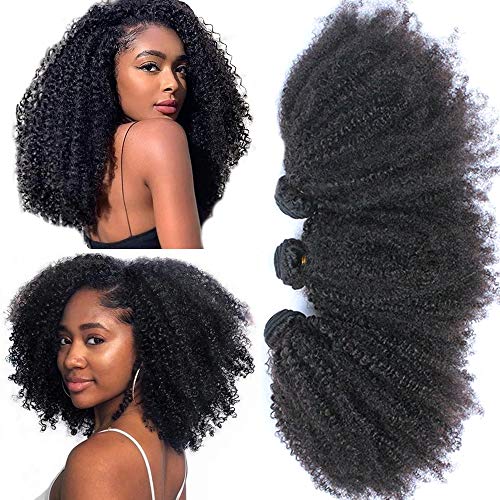 Afro Kinky Curly Hair Bundles 12 14 16 Inch - Natural Color, 3 Bundles with Cap & Eyelashes - Variation of Afro Kinky Curly Bundles 1B/12/14/16 Inch
