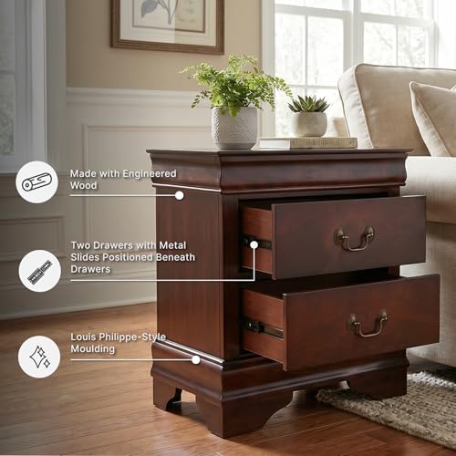 Nightstand with 2 Drawers - Traditional Louis Philippe Style, Reddish Brown Finish