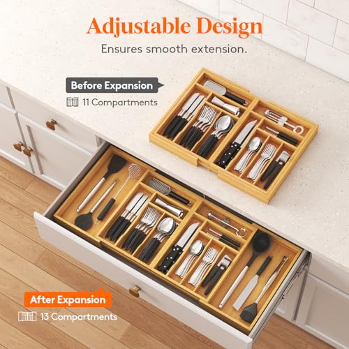 Lifewit Adjustable Silverware Drawer Organizer Tray | Bamboo Utensil Storage