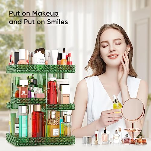 Famitree Green 360° Rotating Makeup Organizer with Adjustable Layers - Large Capacity Acrylic Storage Rack for Vanity and Bathroom