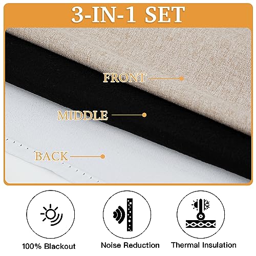 RYB HOME 3-in-1 Soundproof Blackout Linen Curtains, 52 x 84 inches, Taupe, Pack of 2