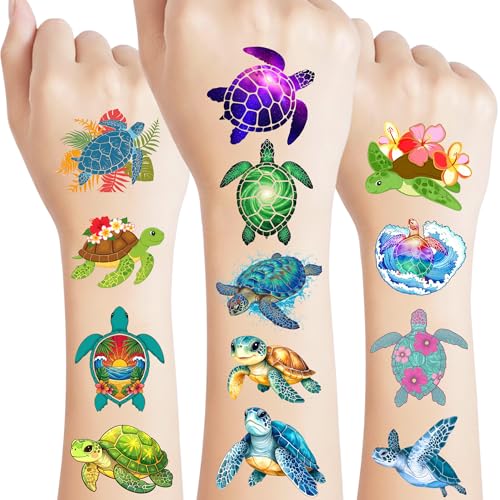 Turtle Temporary Tattoos | Under The Sea Theme Turtle Birthday Party Decorations Party Favors Supplies Accessories Stickers Ocean Theme Gift Idea For Kids Boy Girl Teen Adult 60Pcs 4 Sheets Pre-cut