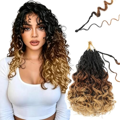 Pre-Looped Crochet Hair 14 Inch Boho Box Braids - #1B/30/27, 8 Pack