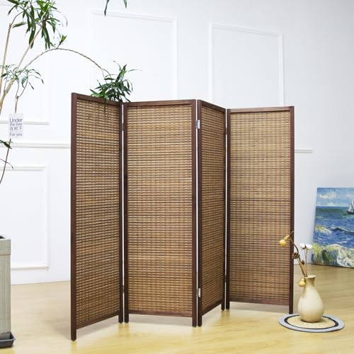4 Panel Short Room Divider Screen Brown Freestanding Bamboo Panel Partition - 47.2" H x 61.4" W, 4-Panel