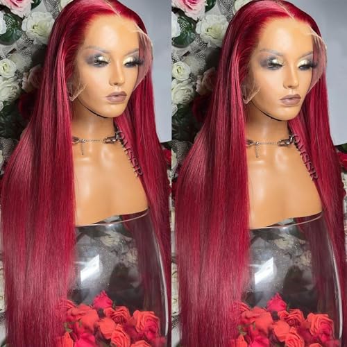 QMSSR Burgundy Red Lace Front Wig Long Straight Synthetic 13x3 Heat-Resistant Fiber for Women