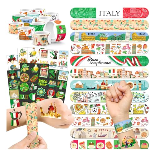 96 PCS Italy Party Favors Set ? 72 Pre-Cut Tattoos & 24 Slap Bracelets, Perfect for Travel-Inspired Birthdays & Cultural Celebrations