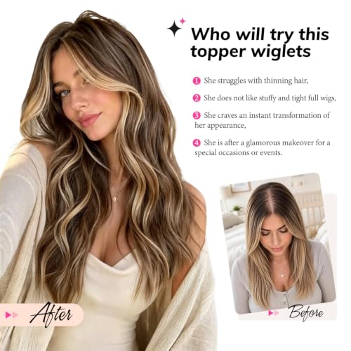 Light Brown Blonde Highlights Hair Topper 20 Inch Wavy Curly for Thinning Hair