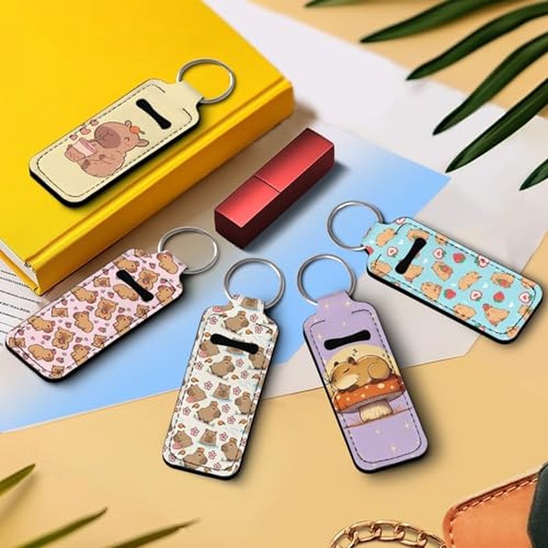 Capybara 5 Pieces Lipstick Keychain Holder Lip Balm Holder Keychain Chapstick Lip Gloss Holder Cute Lipstick Pocket Lip Balm Sleeve Keyring Travel Accessories